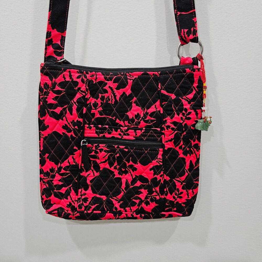 Vera Bradley Hipster Crossbody Bag Red Black Floral Boho Pockets Lined Hippie - Picture 2 of 10